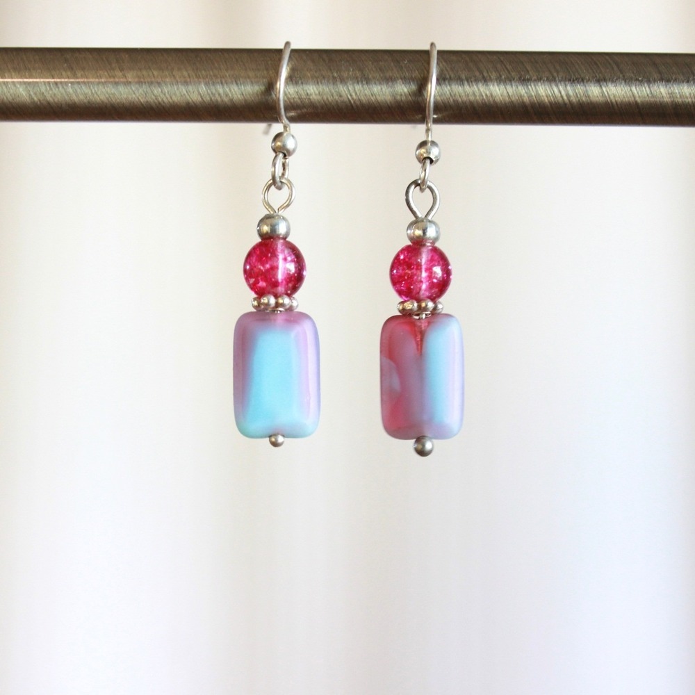 Handmade Pink Blue Glass Bead Drop Earrings Silver Tone French Hook Dangle